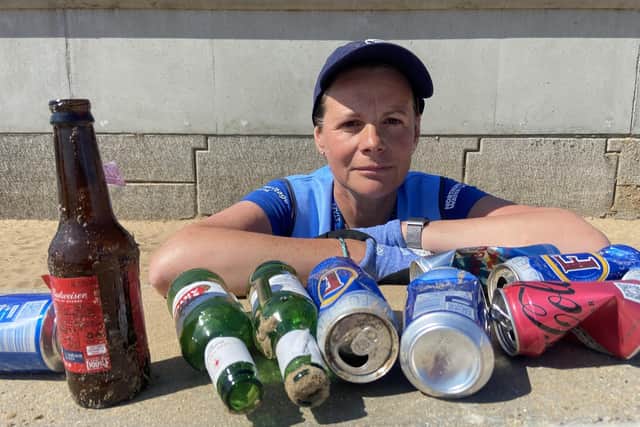 Louise Harrington, beach care officer for Seascapes, with just some of the litter which was found on the beach at Seaton Carew.