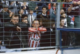 Sunderland fans watch their team play Manchester City at Maine Road in May 1991. Can you spot someone you know?