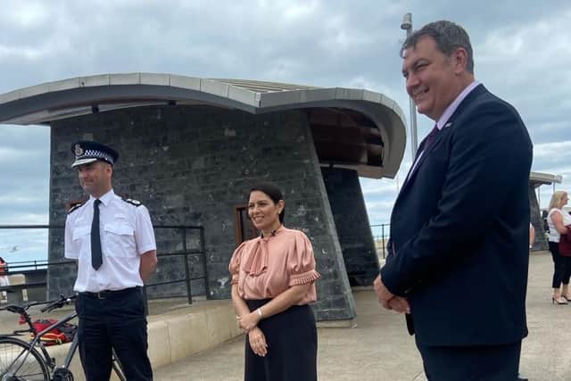 Cleveland Police and Crime Commissioner Steve Turner, right, with outgoing Cleveland Police Chief Constable Richard Lewis and Home Secretary Priti Patel.