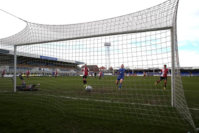 Rhys Oates of Hartlepool United puts his side 1-0 up during the Vanarama National League match between Hartlepool United and Woking at Victoria Park, Hartlepool on Saturday 20th March 2021. (Credit: Chris Booth | MI News)