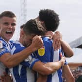 Hartlepool United's Will Goodwin celebrates after Tyler Burey scored  their first goal during the Sky Bet League 2 match between Hartlepool United and Walsall at Victoria Park, Hartlepool on Saturday 21st August 2021. (Credit: Mark Fletcher | MI News)