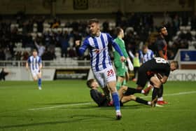 Hartlepool United's Matty Daly celebrates after scoring their first goal   during the EFL Trophy match between Hartlepool United and Everton at Victoria Park, Hartlepool on Tuesday 2nd November 2021. (Credit: Mark Fletcher | MI News)