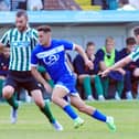 Luke Molyneux and Robbie Dale in action during Blyth Spartans v HUFC pre-season friendly. 27-07-2021. Picture by Bernadette Malcolmson