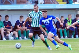 Luke Molyneux and Robbie Dale in action during Blyth Spartans v HUFC pre-season friendly. 27-07-2021. Picture by Bernadette Malcolmson