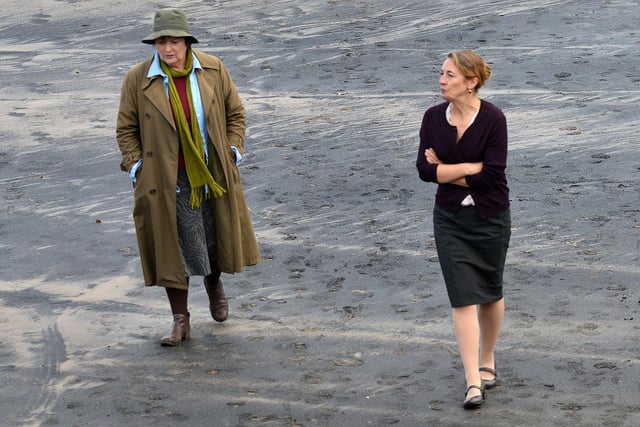 Brenda Blethyn is pictured on Middleton beach in 2015 during filming for an episode of Vera.