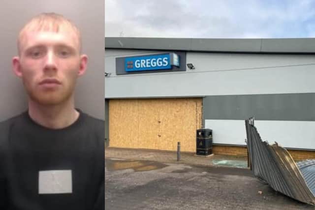 He took a charity box from Greggs in Shotton Colliery after ramming a stolen Land Rover into the store.