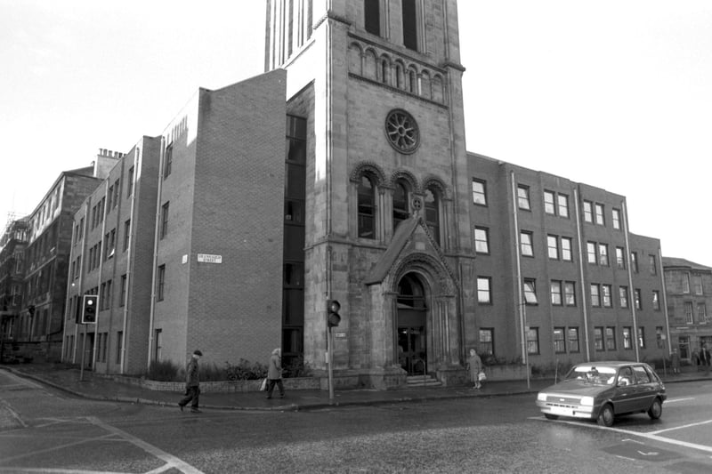 Exterior of the former Stockbridge Church at the corner of Leslie Place and Deanhaugh Street in Edinburgh, converted to sheltered housing. Picture taken February 1987.