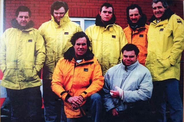 Hartlepool RNLI crew members from 30 years ago: Robbie Maiden (bottom right) with fellow crew members (back row left to right) Peter Lamb, Ian Maiden, Richard Doughty, Ian Galbraith, Tommy Price, and coxswain Eric Reeve (bottom left). Photo: RNLI/Tom Collins