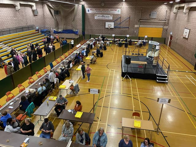 A view of the 2023 Hartlepool Borough Council election count at the town's Mill House Leisure Centre.
