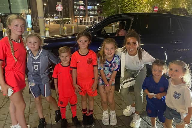 Former England player Fara Williams with Hartlepool youngsters after Sunday's Euros victory at Wembley.