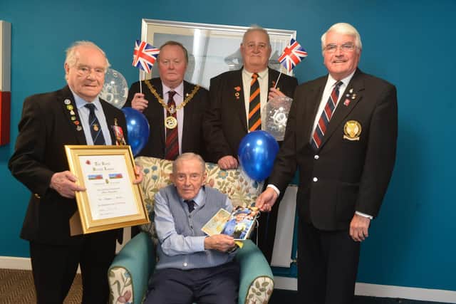 Terry Lewis celebrating his 100th birthday in 2018 with Charlie Humprey, of the Royal British Legion, then Hartlepool Mayor Allan Barclay, and the legion's Danny Madge and David Stacey.