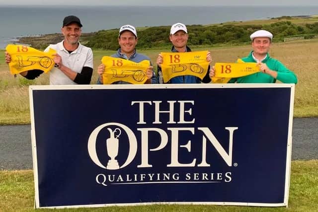 Hartlepool golfer Alex Wrigley, second right, celebrates after qualifying for the 150th Open.