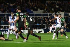 Hartlepool United's Wes McDonald scores their second goal during the Sky Bet League 2 match between Hartlepool United and Doncaster Rovers at Victoria Park, Hartlepool on Tuesday 4th October 2022. (Credit: Mark Fletcher | MI News)