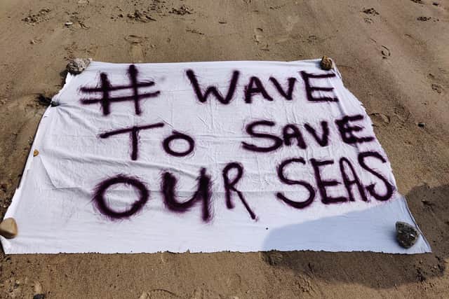 Wave to save our seas banner on Seaton Carew beach.