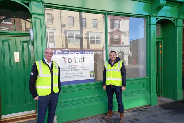 Councillor Shane Moore, leader of Hartlepool Borough Council, and Councillor Paddy Brown, Chair of the Council’s Economic Growth and Regeneration Committee, outside the refurbished property.