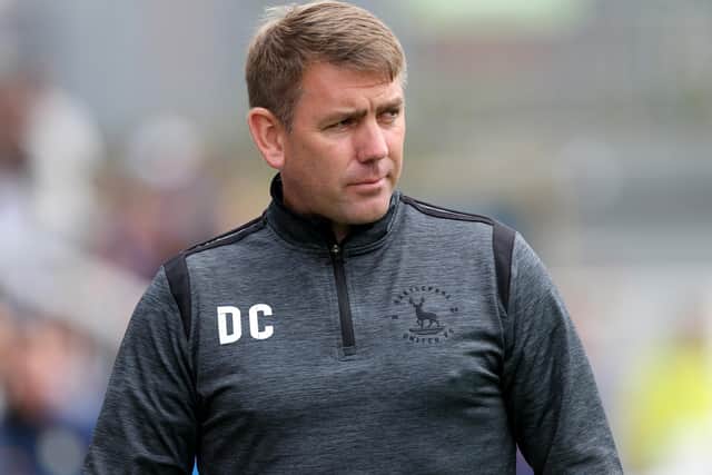 Hartlepool United manager Dave Challinor   during the Sky Bet League 2 match between Hartlepool United and Crawley Town at Victoria Park, Hartlepool on Saturday 7th August 2021. (Credit: Mark Fletcher | MI News)