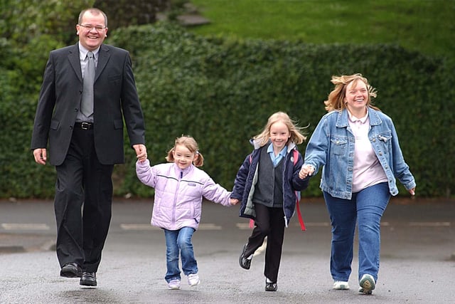 A 2003 flashback to this Hart Primary School scene. It shows head teacher Steve Donnell with Jordane Rawlings, mum Shirley and sister Kelsea during Walking To School Week.