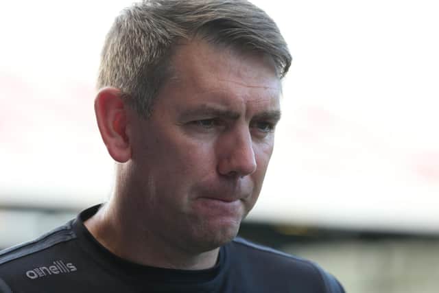 Hartlepool United manager Dave Challinor  during the Sky Bet League 2 match between Oldham Athletic and Hartlepool United at Boundary Park, Oldham on Saturday 18th September 2021. (Credit: Mark Fletcher | MI News)