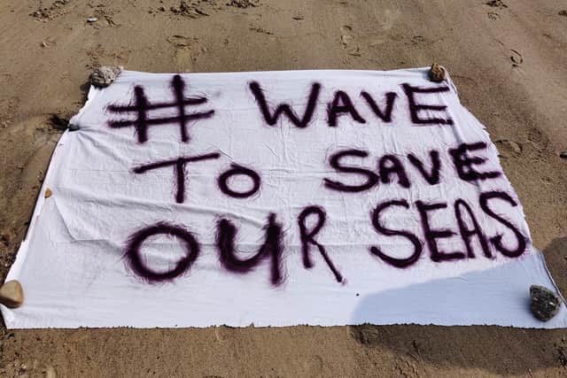 Wave to save our seas banner on Seaton Carew beach, August 2022.