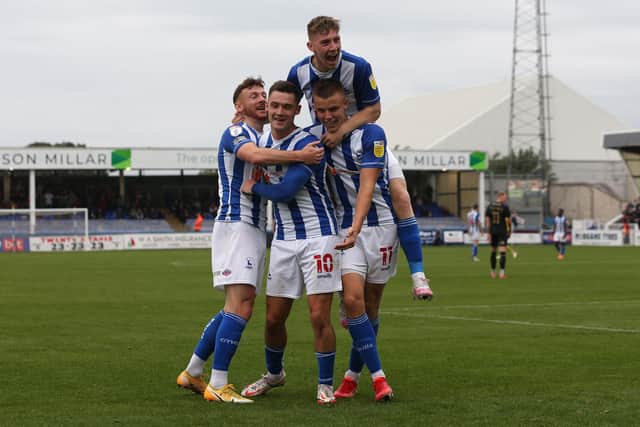 Hartlepool United's Luke Molyneux celebrates after scoring their second goal during the Sky Bet League 2 match between Hartlepool United and Northampton Town at Victoria Park, Hartlepool on Saturday 9th October 2021. (Credit: Mark Fletcher | MI News)