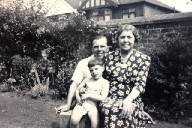 Peter Olsen, pictured when he was 4, with his grandmother Anna and father Norman.