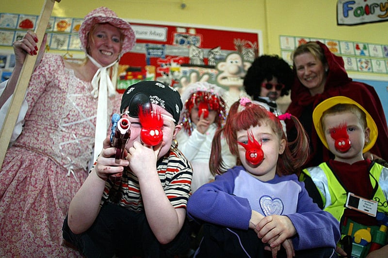 The reception class at Lord Blyton Primary School was having a great time on dress-up day for Comic Relief in 2003.