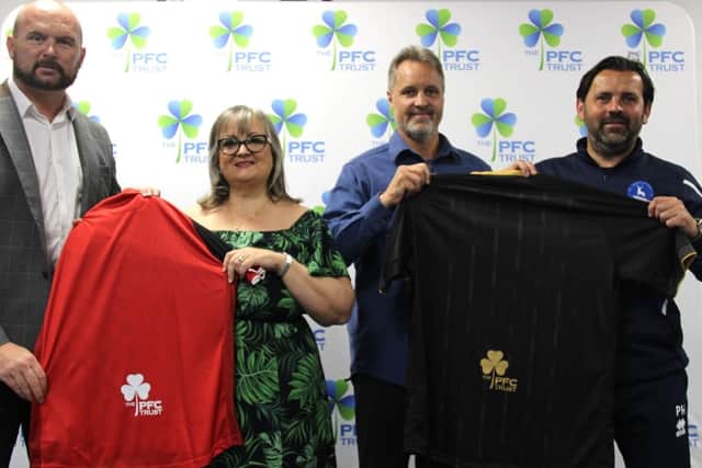 Hartlepool United COO Stephen Hobin, PFC Trust founder Frances Connolly, PFC Trust operations director Joe Dunne and Hartlepool manager Paul Hartley with the new shirts boasting the charity's logo. Picture courtesy of Hartlepool United.