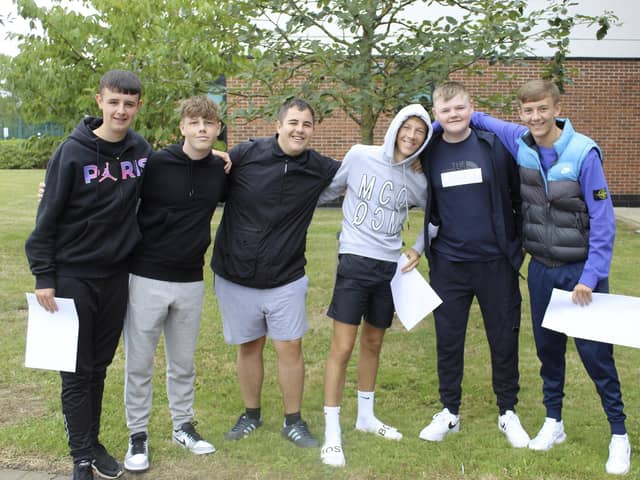 Dene Academy pupils Liam Jordan, Rowen Johnson, Joe Stainson, Jack Bell, Riley Corner and Cody White celebrate their 2022 GCSE results.