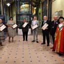 The Lord Lieutenant of County Durham Sue Snowdon, left, and The Ceremonial Mayor of Hartlepool Councillor, Brenda Loynes, with her consort, Dennis, second right, and the Freedom of The Borough recipients, left to right, Geraldine Chapman, who received the award on behalf of late husband Alan, Lesley Gibson, Sian Cameron, Ray Martin-Wells and Chris Musgrave. Picture by FRANK REID.