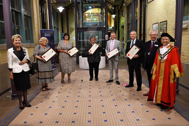 The Lord Lieutenant of County Durham Sue Snowdon, left, and The Ceremonial Mayor of Hartlepool Councillor, Brenda Loynes, with her consort, Dennis, second right, and the Freedom of The Borough recipients, left to right, Geraldine Chapman, who received the award on behalf of late husband Alan, Lesley Gibson, Sian Cameron, Ray Martin-Wells and Chris Musgrave. Picture by FRANK REID.