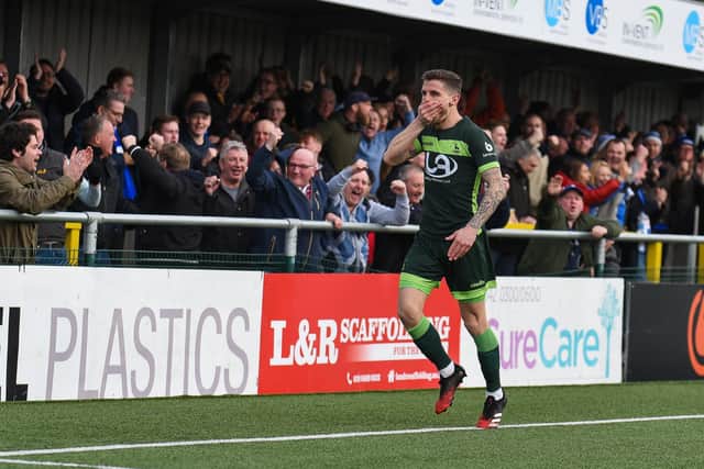 Gavan Holohan of Hartlepool United celebrates against Sutton United last season, the most recent match Hartlepool United fans were allowed to attend. (Credit: Paul Paxford | MI News) SUTTON, ENGLAND - MARCH 14TH