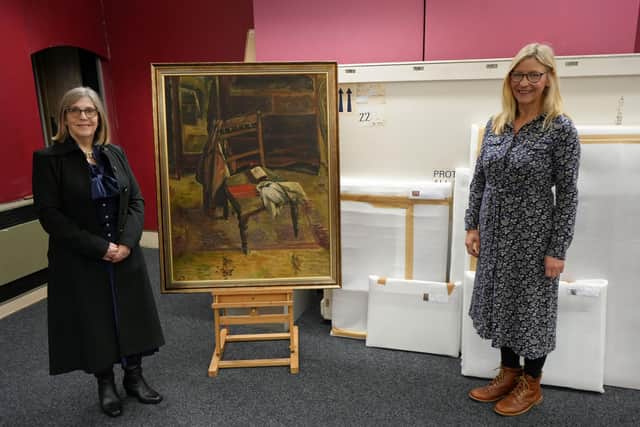 Councillor Karen Oliver and Hartlepool Borough Council’s senior art and museum curator Angela Thomas stand alongside John Wilson McCracken’s painting The Chair.