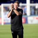 Hartlepool United manager Dave Challinor applauds their fans  during the Sky Bet League 2 match between Hartlepool United and Bristol Rovers at Victoria Park, Hartlepool on Saturday 11th September 2021. (Credit: Mark Fletcher | MI News)