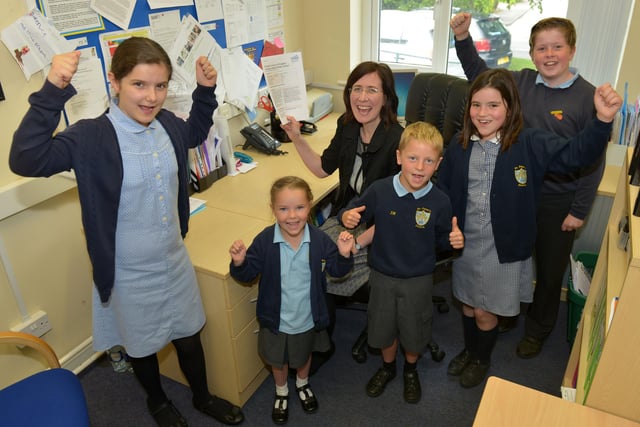 St Peters CE primary School headteacher Jo Heaton with pupils (left to right) Charlotte Lawson, Lucia Huntington, James Ward, Matilda Tiplady and James Corrigan. Remember this from 7 years ago?
