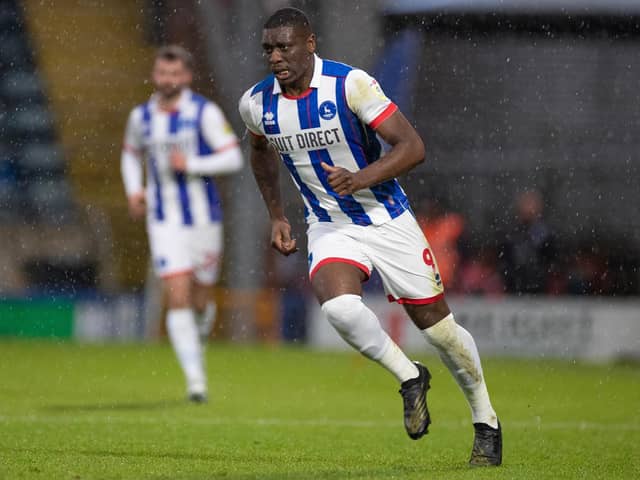 Josh Umerah was on the bench for Hartlepool United against Doncaster Rovers after dealing with illness. (Credit: Mike Morese | MI News)