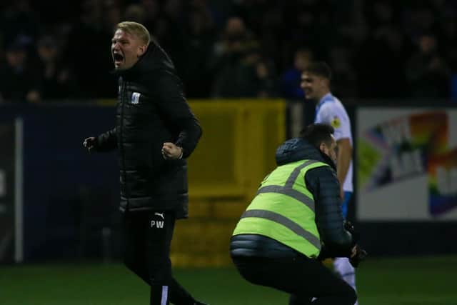 Barrow Manager Pete Wild celebrates at full time against Hartlepool United. (Credit: Michael Driver | MI News)