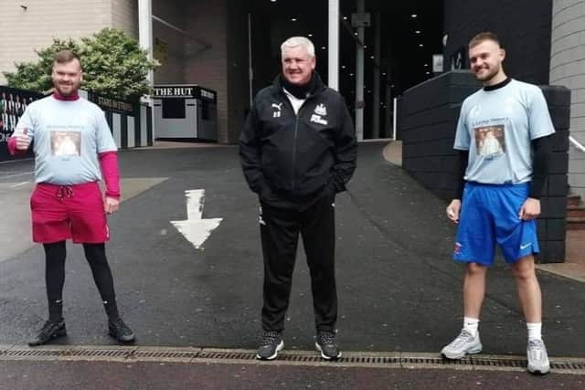Adam, right, and Callum bumped into Newcastle United manager Steve Bruce at St James' Park before they set off for Victoria Park.