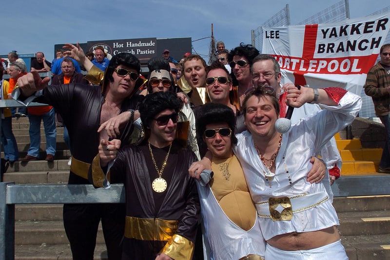 Pools fans dress up as Elvis Presley for the fancy dress exodus to Bristol Rovers in 2009.