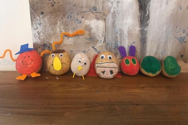Instead of costumes Ella, aged nine, and five-year-old Lola made World Book Day potatoes. Pictured L-R: Mr Tickle, Bob from blob. Percy from Owl Babies. Captain Nnderpants
The Hungry Caterpillar