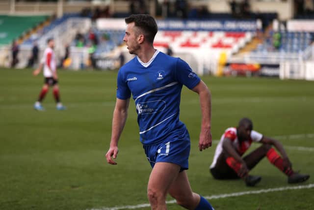 Rhys Oates of Hartlepool United celebrates after putting his side 1-0 up during the Vanarama National League match between Hartlepool United and Woking at Victoria Park, Hartlepool on Saturday 20th March 2021. (Credit: Chris Booth | MI News)