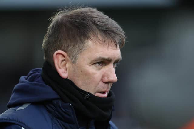 Stockport County manager Dave Challinor during the League Two match with Hartlepool United. (Credit: Mark Fletcher | MI News)