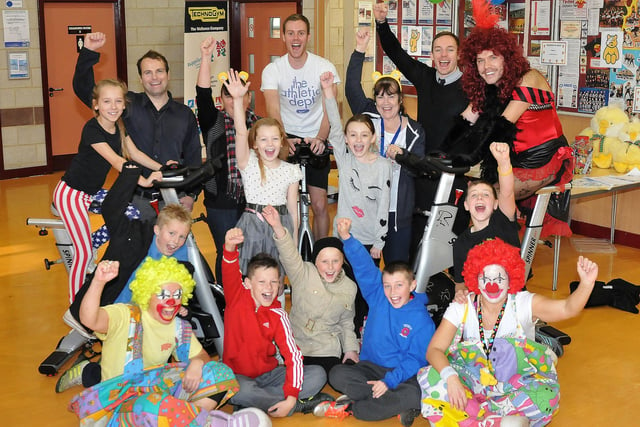 Brierton Sports Centre staff and pupils from St. Helens Primary school take part in the pedal for Pudsey event in aid of Children In Need.