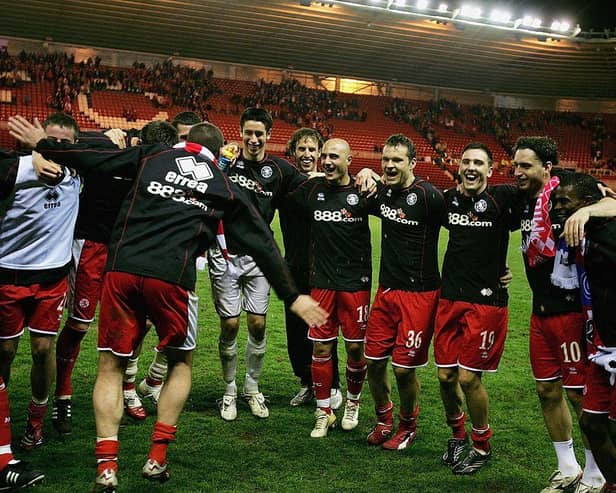 The Middlesbrough players celebrate their victory in the UEFA Cup Semi Final, second leg match between Middlesbrough and Steaua Bucharest at the Riverside Stadium.
