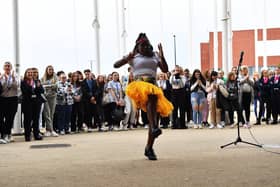 Dancer Georgina Mainoo entertains guests at the Hartlepool College of FE during Black History Month. Picture by FRANK REID