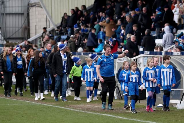 Young girls from local football clubs are paraded around the pitch during the half time interval of the League Two match between Hartlepool United and Northampton Town as part of the Her Game Too initiative. (Photo: Mark Fletcher | MI News)