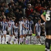 Hartlepool United's Wes McDonald celebrates with his team mates after scoring their second goal during the Sky Bet League 2 match between Hartlepool United and Doncaster Rovers at Victoria Park, Hartlepool on Tuesday 4th October 2022. (Credit: Mark Fletcher | MI News)