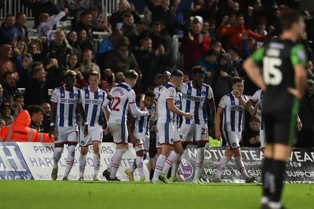 Hartlepool United's Wes McDonald celebrates with his team mates after scoring their second goal during the Sky Bet League 2 match between Hartlepool United and Doncaster Rovers at Victoria Park, Hartlepool on Tuesday 4th October 2022. (Credit: Mark Fletcher | MI News)