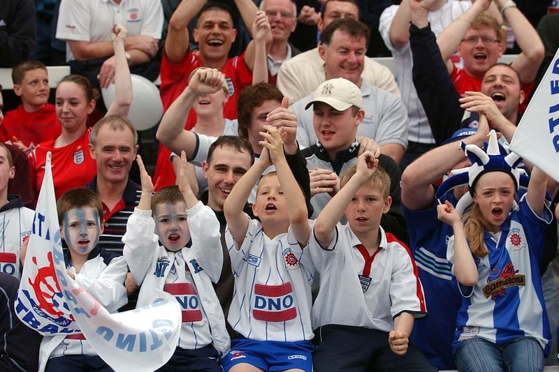 Young Hartlepool United fans at the Division Two play-off semi-final home leg against Bristol City in 2004.