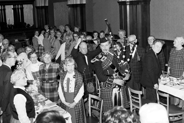 Piping In the Haggis at a Burns Supper in the Kintore Rooms, Queen Street, Edinburgh in January 1974.