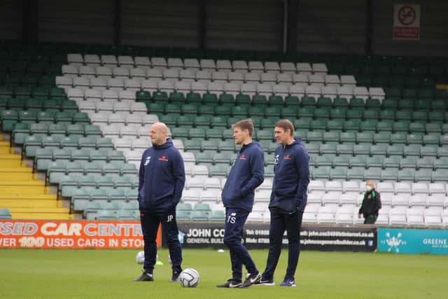 Hartlepool United coaching staff at Yeovil Town (photo: HUFC/Alex Chandy)